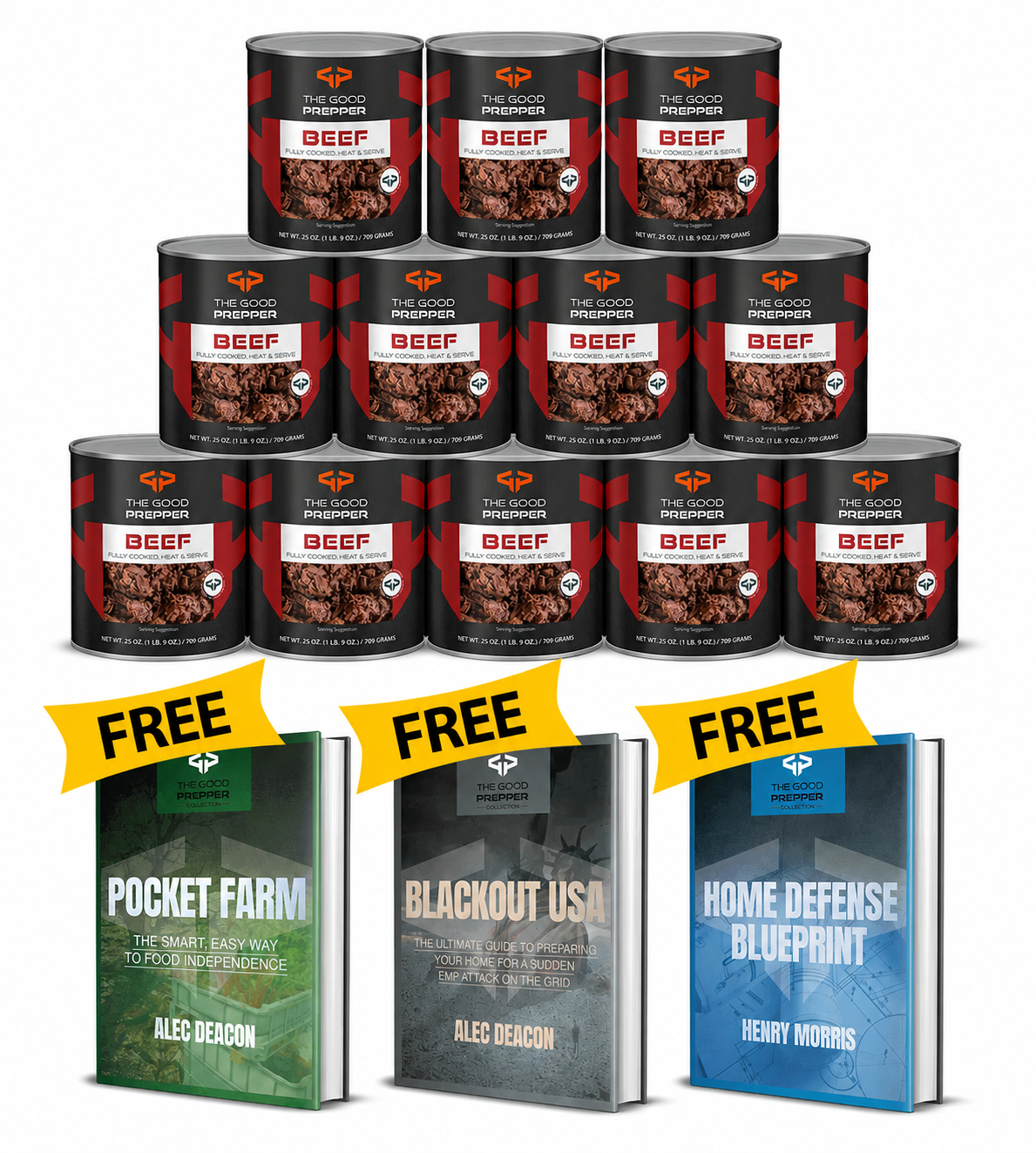 Combination between Guarantee badge and pyramidal-stacked beef cans and bonuses displayed