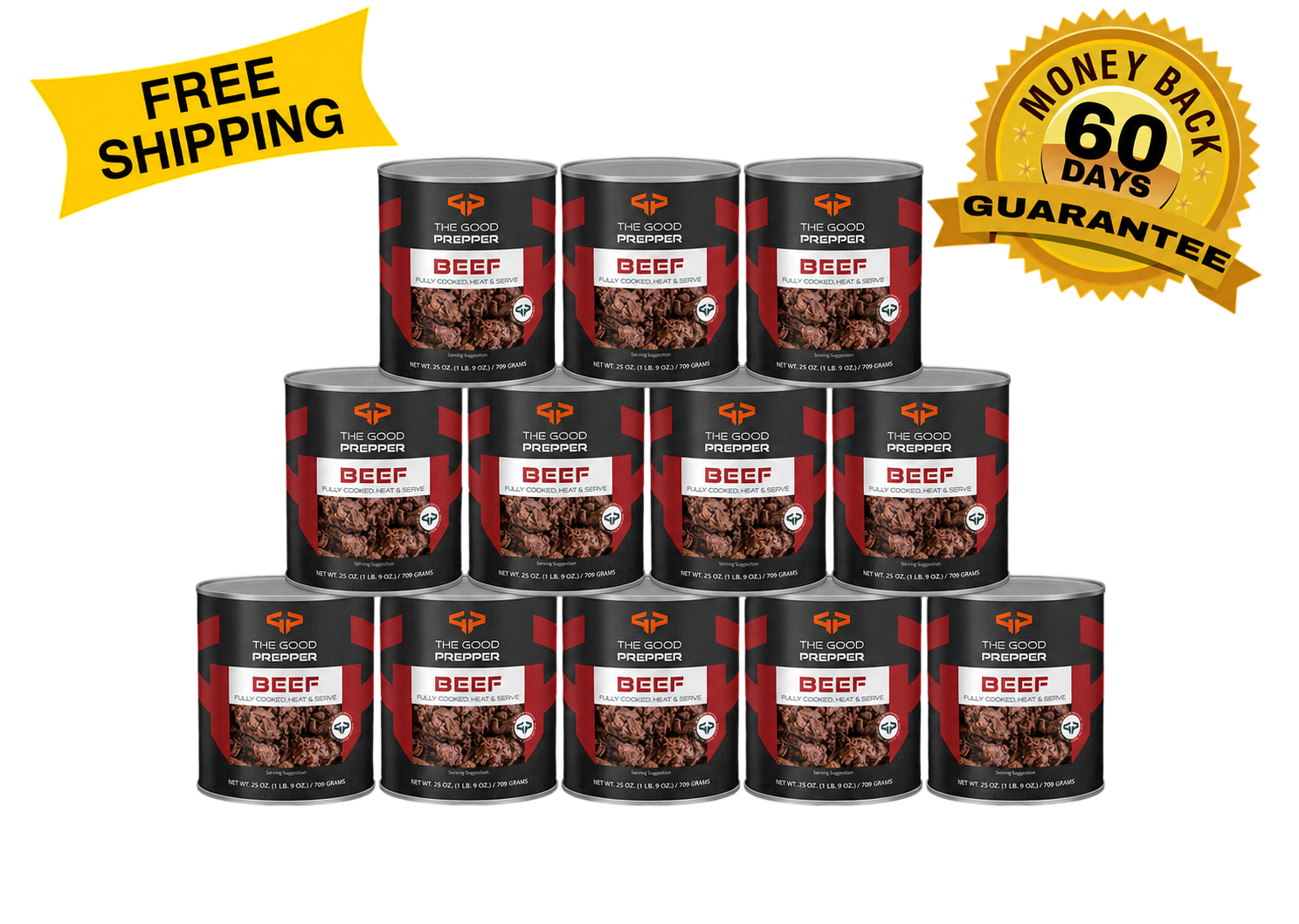 Combination between Guarantee badge and pyramidal-stacked beef cans